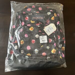 Jansport Black Floral Backpack City View Spacious Pockets Faux Leather Bottom